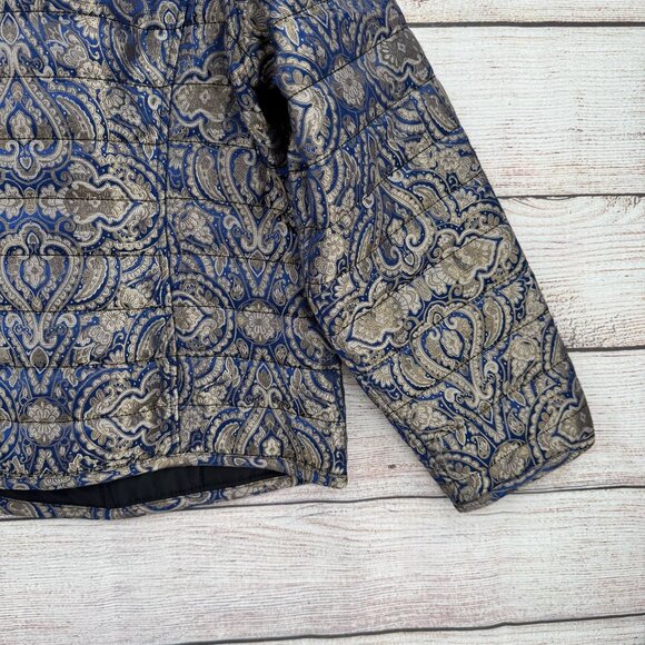 Chico's Quilt Lined Tapestry Jacket Womens Size 3/16/XL Blue/Metallic Open Front - Picture 13 of 14